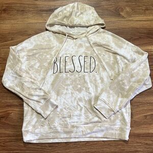 Rae Dunn Womens Blessed Hoodie Spellout Graphic Print Sweater Tie Dye Tan Size M